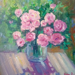 Pintura al óleo original de rosas rosadas, flores de rosas, pintura de verano, arte mural, flores rosas, pintura de sol brillante, naturaleza muerta, ramo en jarrón, obra de arte