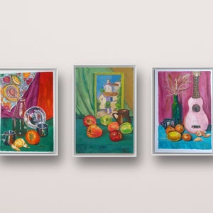 Cinque dipinti originali di nature morte luminose Piatti colorati in stile retrò Piatti e frutta Oculele arte moderna colori vivaci pittura originale