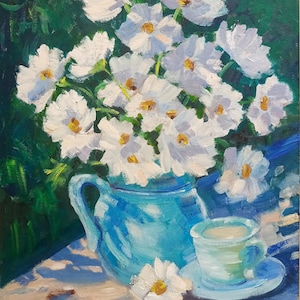 Pintura al óleo original de flores blancas, naturaleza muerta, ramo de flores en la naturaleza, arte de verano, naturaleza muerta, flor en jarrón, pintura de sol brillante