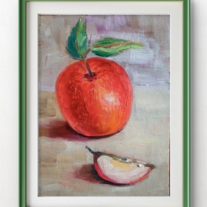 Natura morta di frutta e mela, dipinto ad olio, opera d'arte originale, miniatura, decorazione da cucina con mele, piccola arte murale vintage con frutta, regali artistici