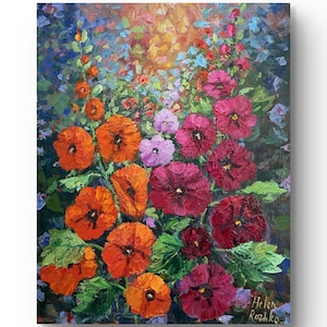 May include: An oil painting on canvas featuring a vibrant cluster of orange, pink, and deep red hollyhock flowers with thick, textured brushstrokes. The background displays a soft, glowing light effect. The artist's signature, Helen Rozhko, is visible.