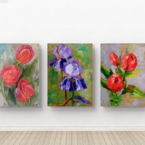 Tres pequeñas pinturas de flores Arte de primavera Tulipanes e iris Arte original Decoración de pared Tulipanes rojos Iris morados Pintura brillante expresión de flores