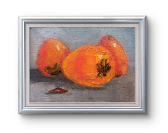 柿の油絵、小さな果物の静物画、（10 x 10 cm） - Etsy 日本