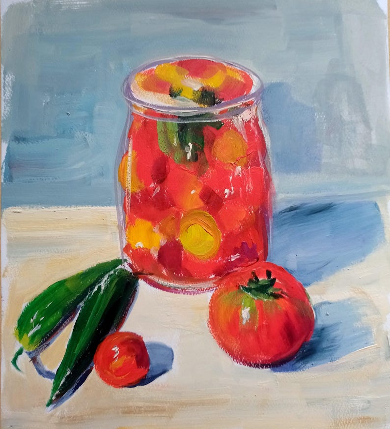 Original Oil Painting Still Lifes: Summer Kitchen Art, Pair of Food ...