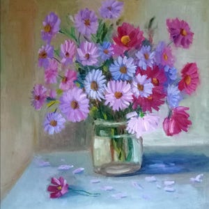 Pintura al óleo original Flor rosa Asters Naturaleza muerta Ramo floral en jarrón Arte de flores Plantas Estilo clásico Regalo Obra de arte Arte rosa violeta