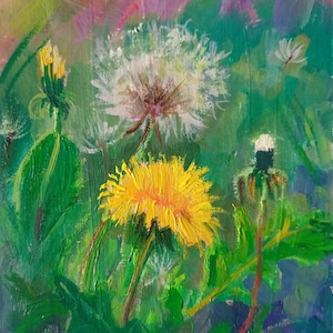 Pequena pintura natureza primavera Pintura original dentes-de-leão primavera amarelo prado flores pintura brilhante de flores obra de arte presente arte realista