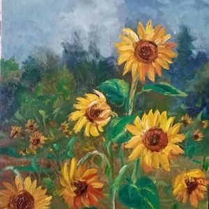 Pintura GirasolesDecoración de arte de paredFlores amarillas en el campoCieloNaturalezaArte originalPaisaje rústico legalArte original de día de verano Brillante
