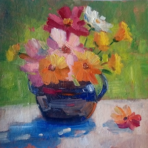 Pintura al óleo original Arte floral abstracto Ramo de verano en jarrón Pintura soleada y brillante Flores de colores Regalo de arte único Naturaleza muerta Obra de arte