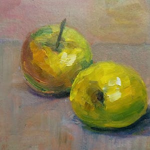 Pequena pintura a óleo natureza morta maçãs Arte original Pintura de frutas Comida pitoresca crumble de maçã verde Presente Obra de arte Arte de frutas