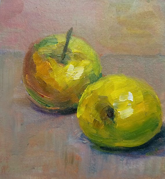 小さなリンゴの油絵：オリジナルの静物画フルーツアート - Etsy 日本
