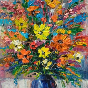 Ramo en un jarrón Pintura colorida brillante Arte floral Pintura pequeña Regalo original Arte Pintura de flores Obra de arte Naturaleza muerta abstracta Verano