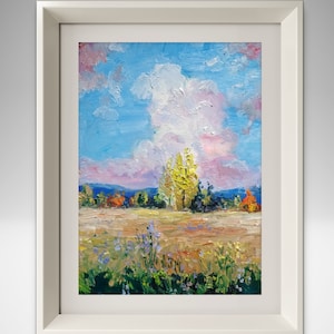 Pintura a óleo paisagem natureza pintura original paisagem panorâmica céu nuvens campo de ervas paisagem campestre Pintura brilhante de campos, árvores