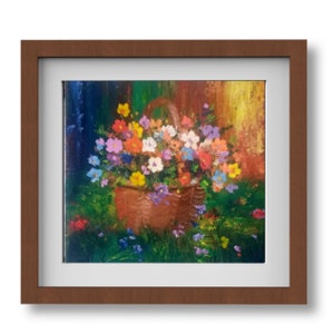 Originalach oil painting bouquet of small meadow flowers in a basket flower art Bright painting still life country flowers vibrant colorful