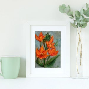 Miniaturas de pintura al óleo originales de flores exóticas de color naranja, arte de pared con pintura floral, decoración de pared con flores brillantes, arte floral, imágenes minimalistas