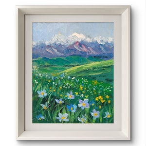 Pintura original Clareira de flores no sopé das montanhas Paisagem panorâmica de verão Pequena pintura Flores da montanha Presente exclusivo Obra de arte