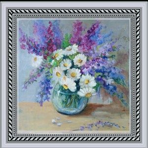 Pintura al óleo original Bodegón floral Ramo de flores de pradera en un jarrón Arte de margaritas blancas Ramo de verano en jarrón Pintura brillante Obra de arte