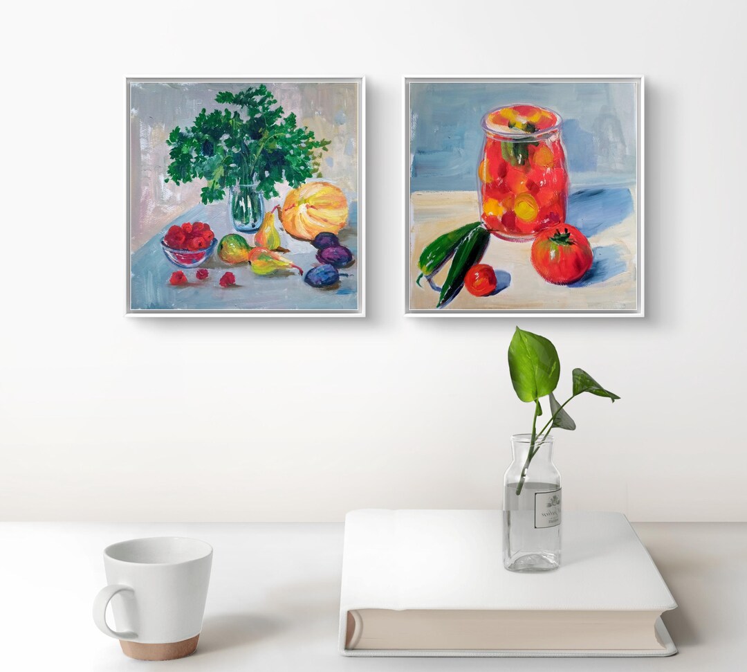 Original Oil Painting Still Lifes: Summer Kitchen Art, Pair of Food ...