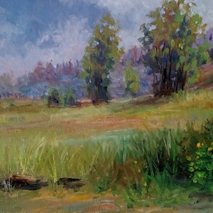 Paisagem Clareira na Borda da Floresta Obra de Arte Original Natureza Pintura Verão Manhã Nebulosa Céu Nuvens Pintura Árvores Flor flores silvestres