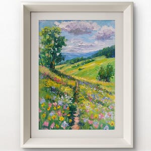 Pequena pintura a óleo original com paisagem de verão de campos de flores, estrada rural e árvores, campo de flores Impressionismo Brilhante Paisagem empastada