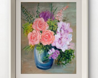 Pink Rose Bouquet Oil Painting: Floral Still Life Art
