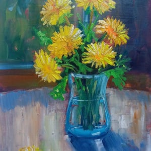 Pequena pintura a óleo Dente-de-leão Flores da primavera Sol, Buquê de flores em vaso sobre uma mesa Pintura brilhante Buquê ensolarado Dia de primavera Obra de arte