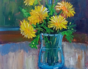 Dandelions Oil Painting: Spring Flowers Still Life, Sunny Bouquet (5x7 in)