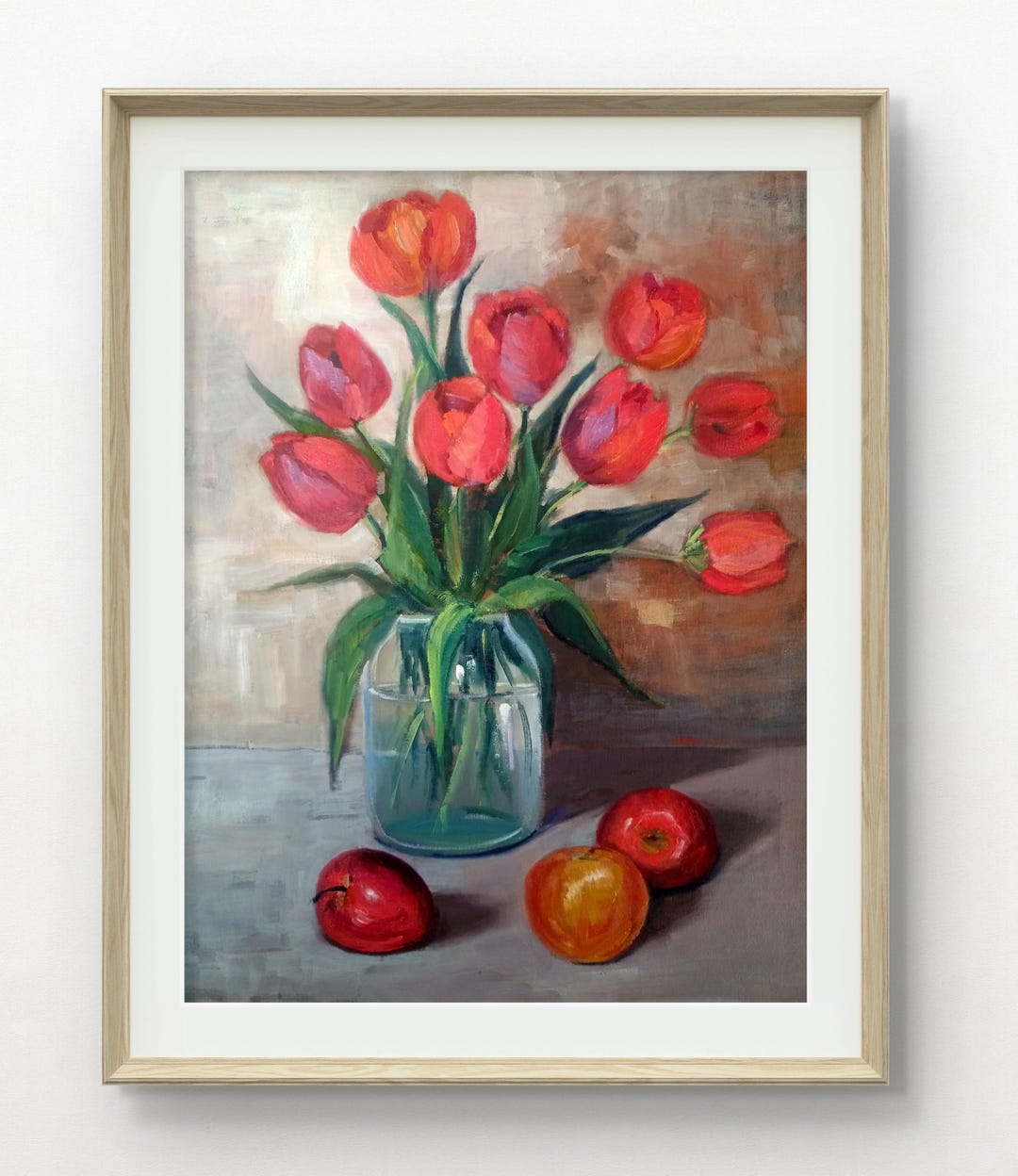 Original Tulip Oil Painting: Still Life With Apples, Floral Art - Etsy