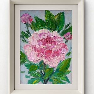 Pintura al óleo sobre cartón retrato de una flor de peonía impacto Flor rosa en pintura empastada, regalo único flores arte de pared Arte floral brillante