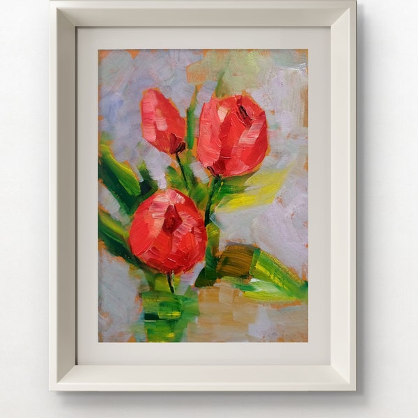 Tulipe peinture originale fleurs Art peinture à l'huile tulipes Art original floral huile toile tulipe Art printemps Art fleur mur Art tulipe empâtement