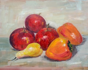 Bodegón frutal original al óleo: Manzanas, caqui, pera, 25/35 cm
