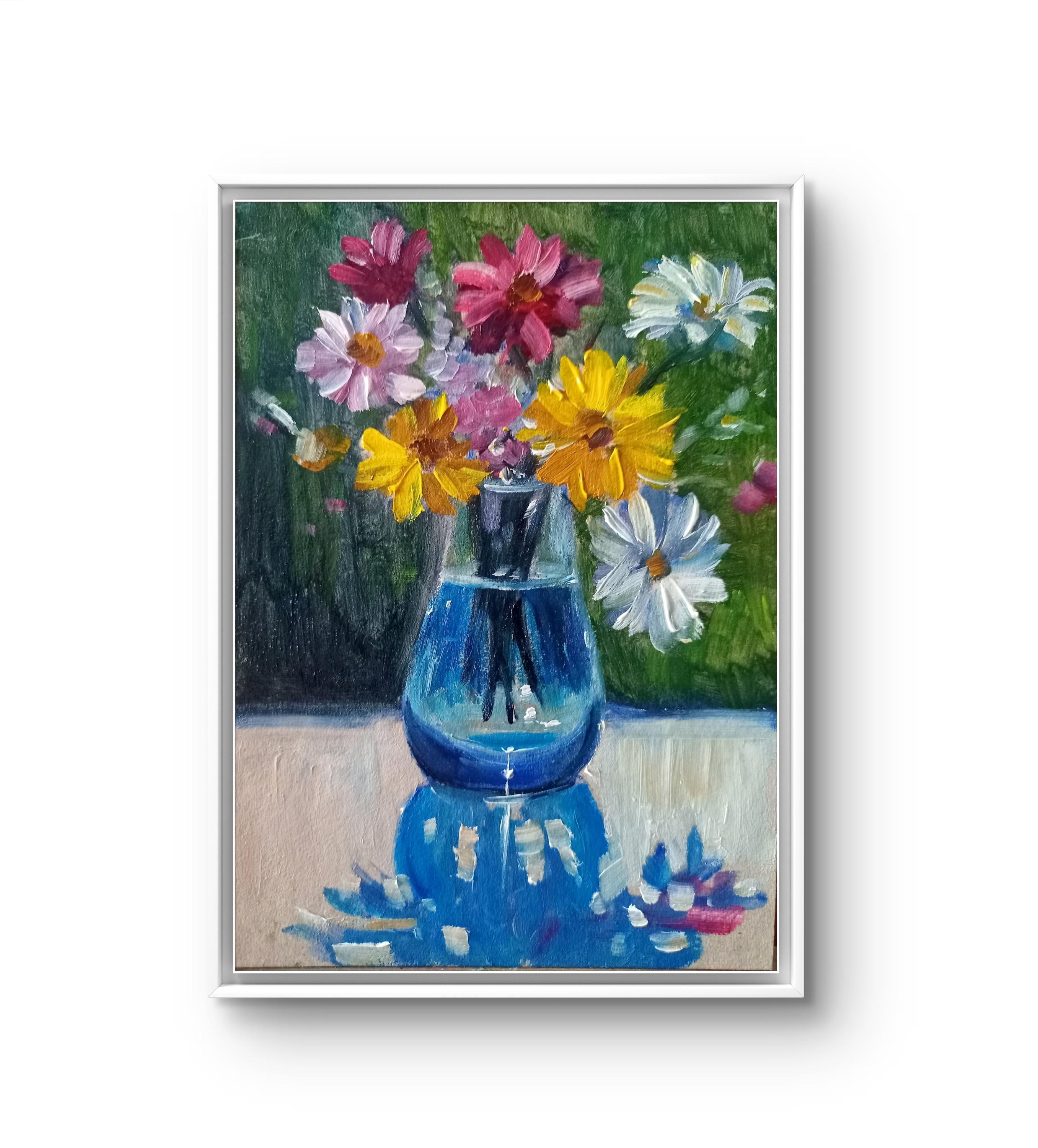 花の油絵：花瓶に入った明るい夏の花束、オリジナルアート（5 x 7