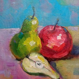 Pintura de frutas Pintura a óleo original Maçã e pêra Presente artístico para pintura de cozinha Comida Natureza morta Pintura de frutas Arte brilhante Presente