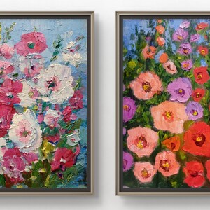 Par floral, pintura al óleo original, flores de primavera de color rosa brillante, empasto, impresionismo, pequeñas pinturas, arte de pared de flores, impresión, flores, regalos, arte