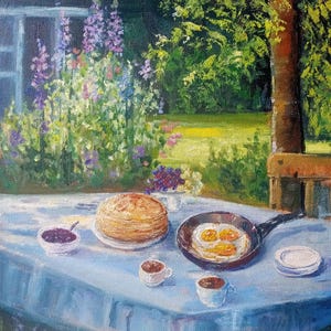 Oil Painting Breakfast in the Garden Summer Art Still Life and Landscape Painting Food Scrambled Eggs Pancakes Coffee Original Art Flowers