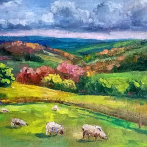 Paisagem de fazenda rural Paisagem panorâmica Montanhas Colinas Verão Pintura Animais de estimação Pintura a óleo original da natureza Arte Arte rural