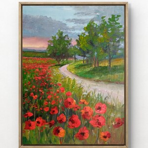 May include: A painting of a winding dirt road leading through a field of red poppies. The road is lined with green trees and the sky is a soft blue with fluffy white clouds.