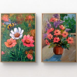 Par de pinturas al óleo florales Arte de primavera de flores, naturaleza Abejorro Naturaleza muerta Un ramo de flores en jarrón Arte original Pintura brillante flor