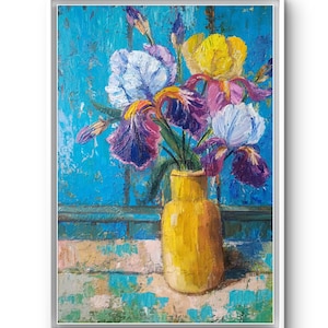 May include: A framed painting of a bouquet of irises in a yellow vase. The irises are purple, yellow, and white, set against a textured blue background. The vase is a bright yellow, and the painting has a visible brushstroke texture.