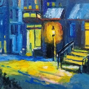 Pintura Paisagem da Cidade de Inverno Noite Cidade Lanterna Arte Original Noite Cidade Pintura a Óleo Como Um Presente Pintura Expressiva