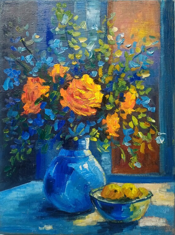 オリジナルのオレンジ色のバラの油絵：インパスト花の静物画 - Etsy 日本