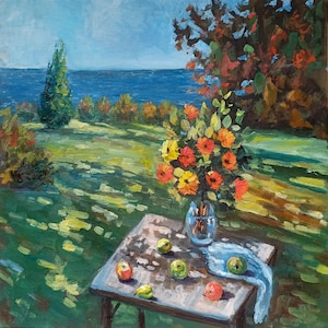 Natureza morta de outono Paisagem em estilo de fazenda Pintura a óleo original Mesa no jardim Flores em um vaso Maçãs Pintura floral Arte de flores brilhantes