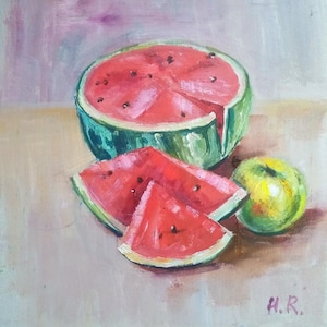 Oil Painting Watermelon Summer Fruit ArtOriginal Art Painting for Kitchen Dining Room Wall Decor Artistic Gift Food Still Life Red Fruit