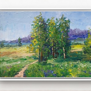 pintura a óleo original com paisagem de verão de campos de flores, estrada rural e árvores, campo de flores, obra de arte impressionista empastada, pintura de verão