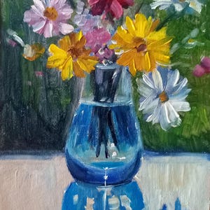 Pintura al óleo de flores Brillante Bodegón Ramo Floral en jarrón Pintura Arte original Flores de prado de verano en un jarrón. Pequeña obra de arte de regalo
