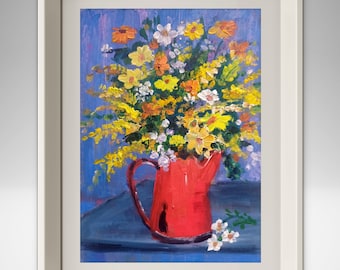 Meadow flowers in a vase impressionism still life oil painting original hand painted floral art Painting a bouquet of flowers in a vase