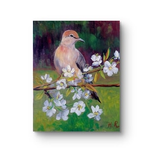 Pintura Pájaro Paloma en una rama Pintura original Flores en un árbol Arte animal Retrato Paloma Flores de primavera Flores Paisaje Obra de arte de pared