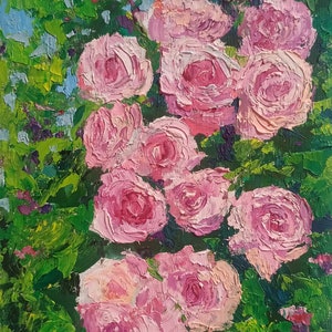Pintura de flores violetas rosas Arte de rosas Pintura al óleo Arte original Naturaleza muerta Flor Impacto brillante Rosas Impasto Regalo Obra de arte Pintura al óleo