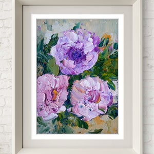 Pintura al óleo original empasto Flores Peonías blancas y rosas Pequeña pintura Flores Obra de arte floral Pintura brillante flor abstracta Peonías pequeñas