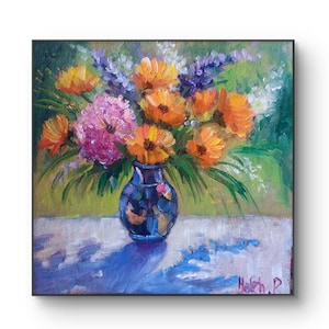 Peinture à l'huile de fleurs nature morte lumineuse bouquet floral dimanche jardin Art original fleurs de prairie d'été dans un vase petite peinture de fleurs