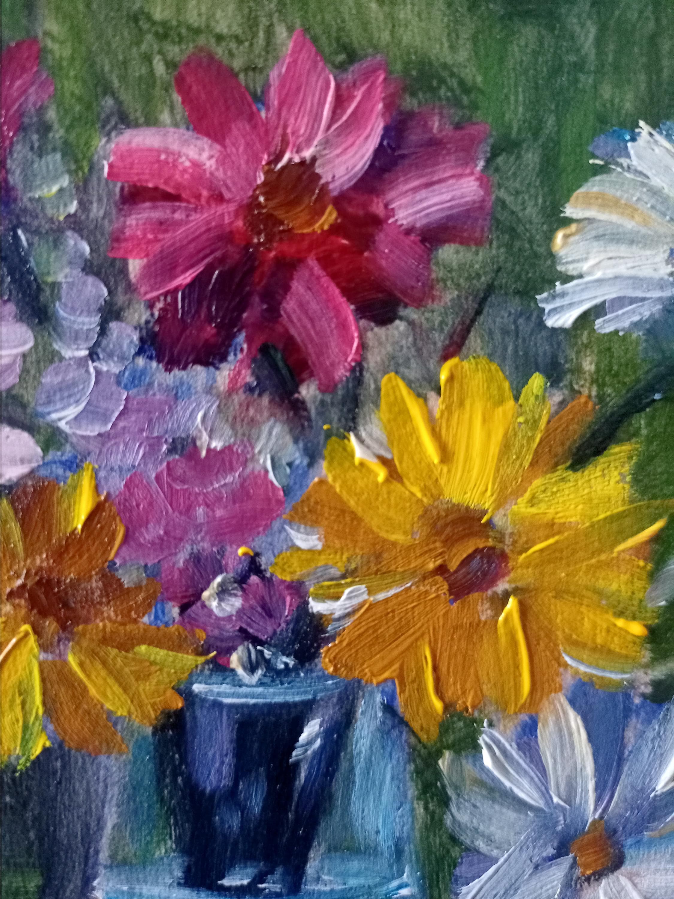 花の油絵：花瓶に入った明るい夏の花束、オリジナルアート（5 x 7